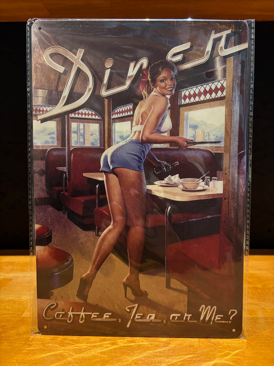 Diner GIRL Coffee Tea On Me ?  サインボード　メタルサイン　A4